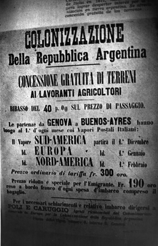 Colonia Caroya, Argjentine: manifest de leç Avellaneda, 1877 (Foto archivi storic di Ente Friuli nel Mondo)